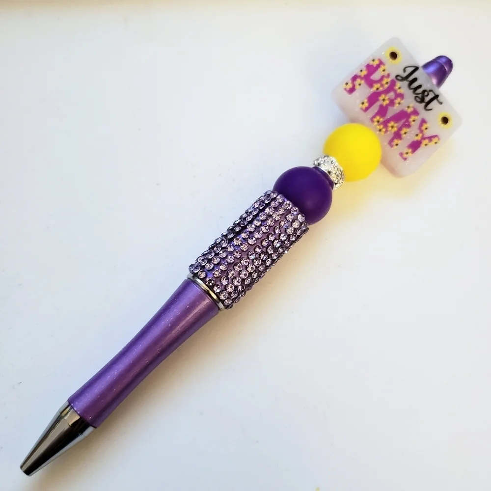 Handmade Purple Rhinestone Just Pray Sunflower Beaded Silicone Focal Bead Pen